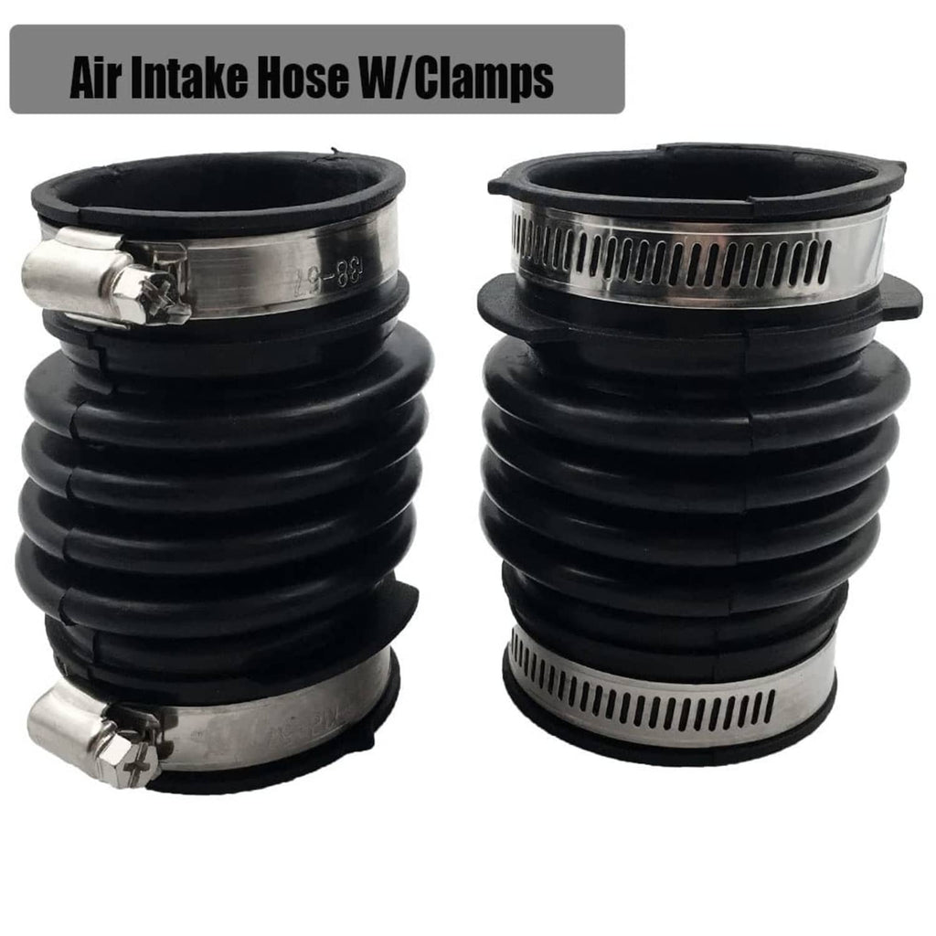 2-piece air intake hose set, black corrugated rubber with silver clamps, front view