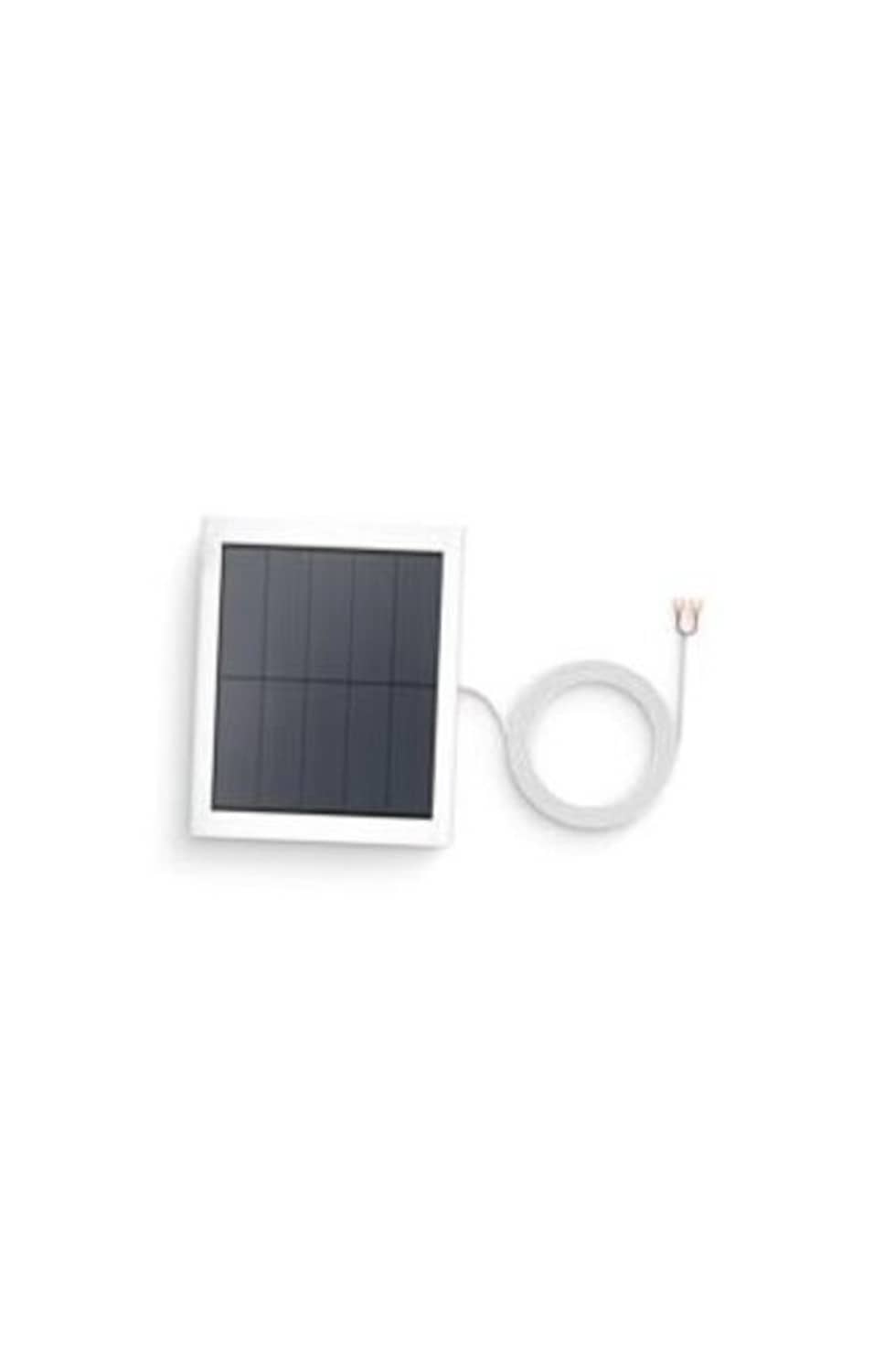 White square solar panel with dark cells and white cable loop