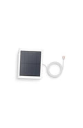 White square solar panel with dark cells and white cable loop