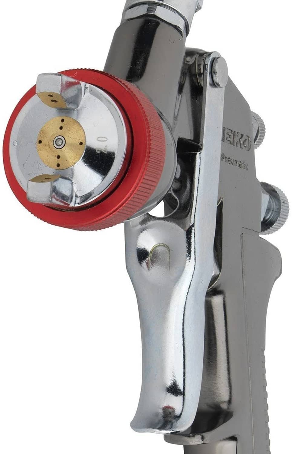 Air spray gun with red rim paint cup and brass nozzle plate, chrome body