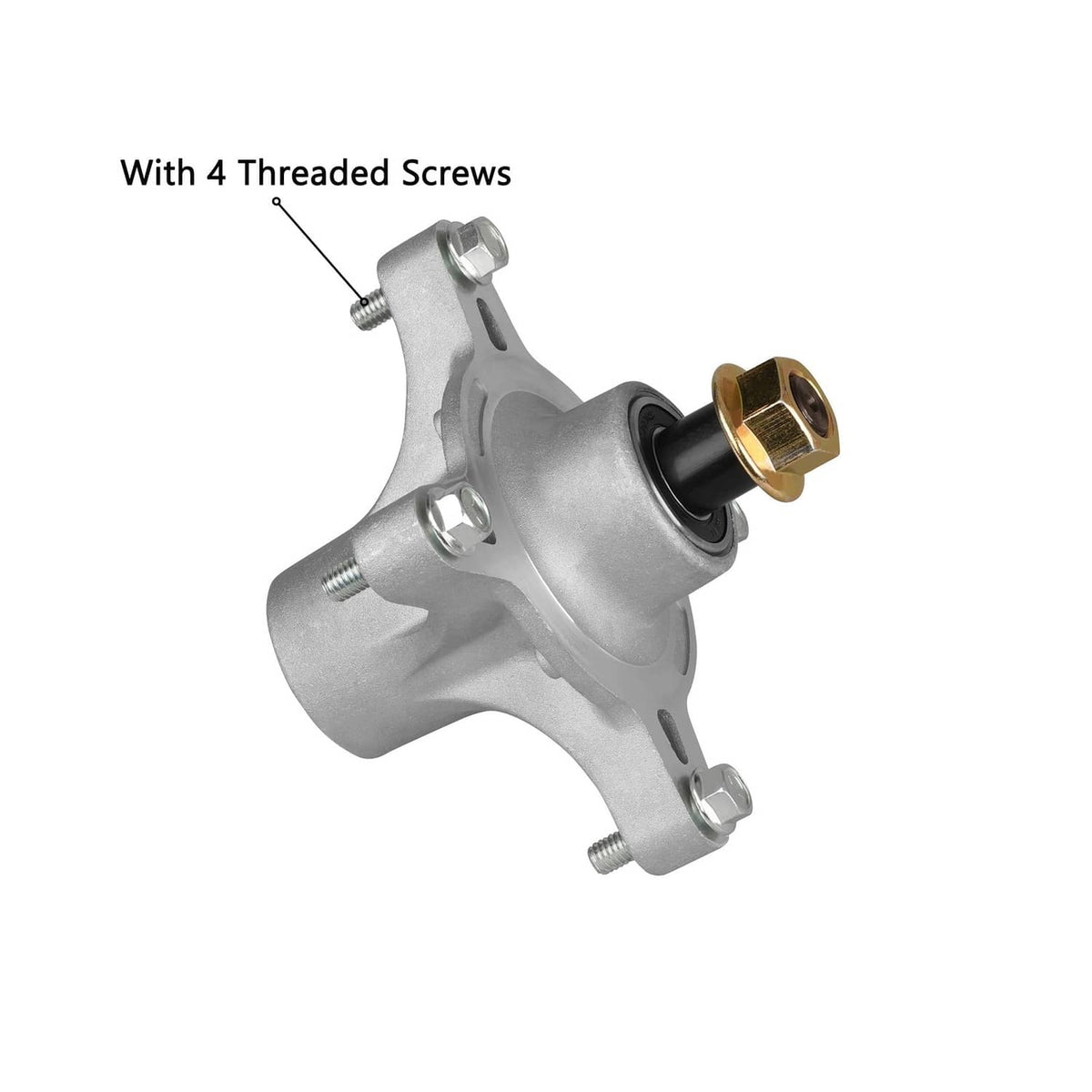 Single mower spindle assembly, silver metal body with brass threaded cap and screws