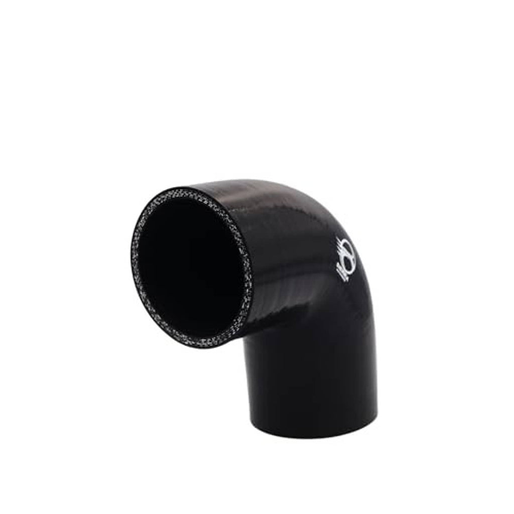 Black 90-degree silicone elbow hose with open end visible at the inlet