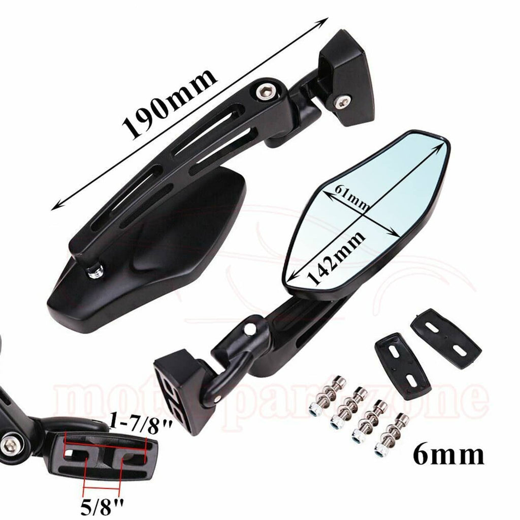 Pair of black sport rearview mirrors with blue-tinted lenses and adjustable mounting brackets
