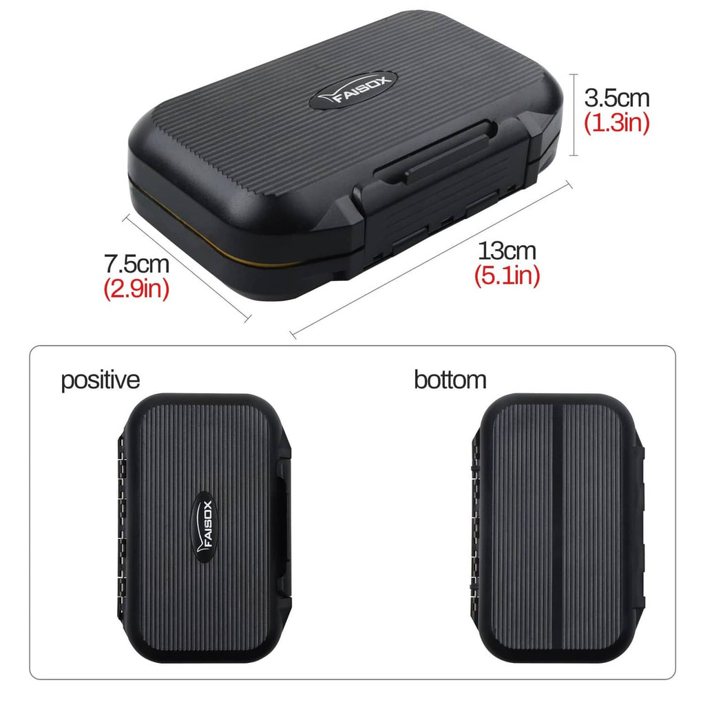 Waterproof fly box with latch, black textured design, positive and bottom views