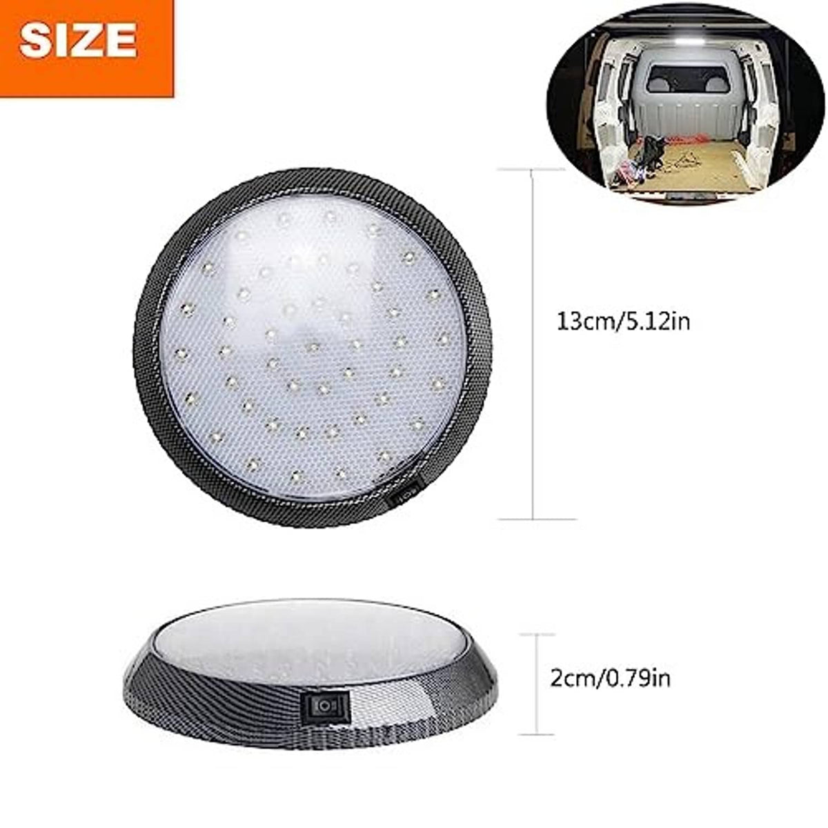 Black round LED dome light with clear lens and low-profile base