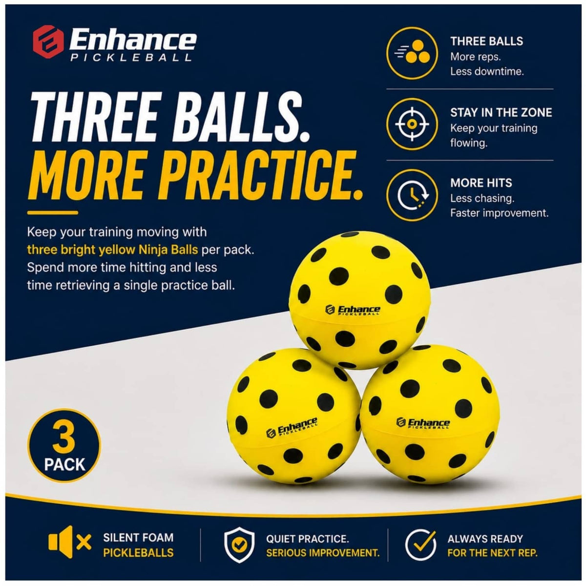 Three yellow silent foam pickleballs with black dots in a 3-pack.