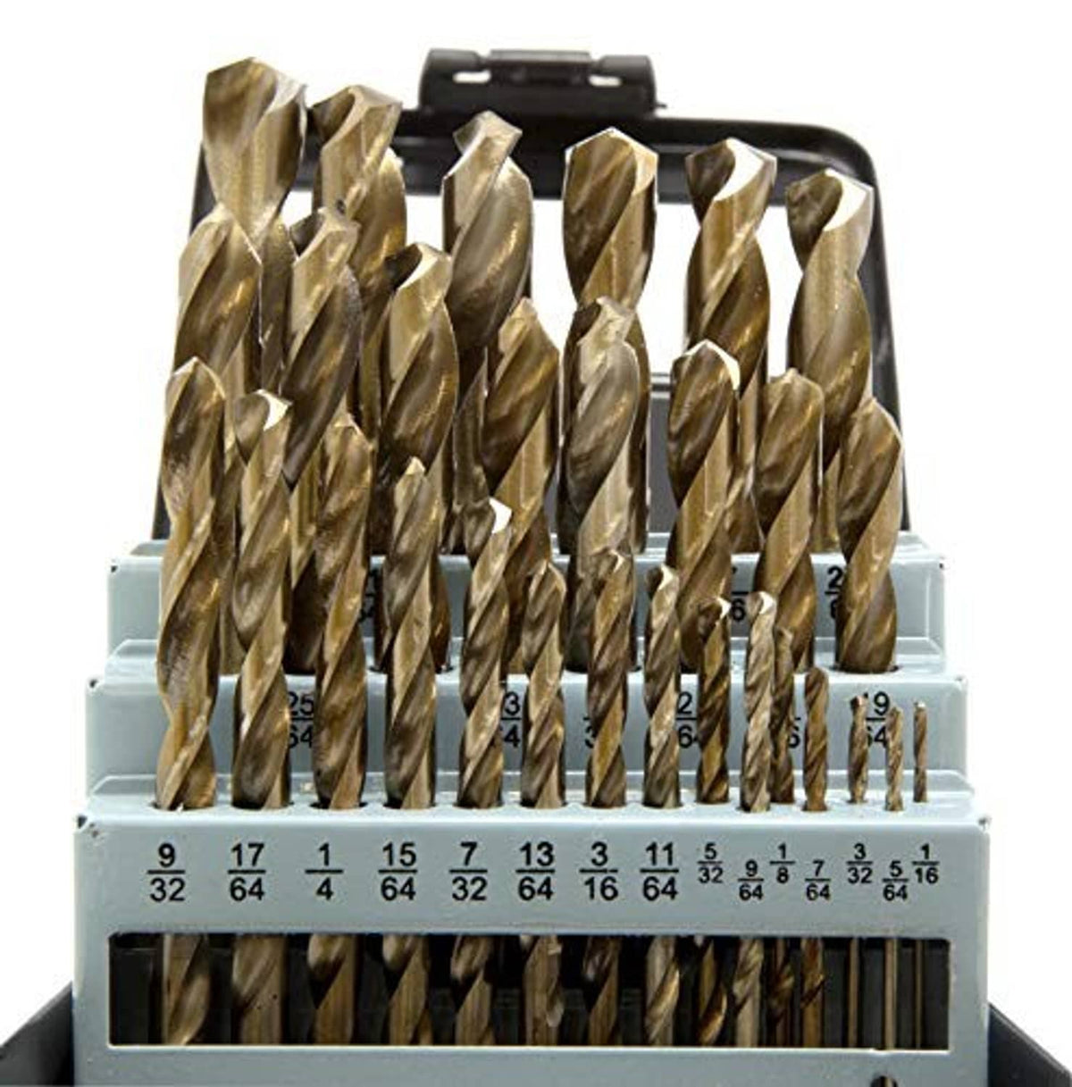 Gold oxide HSS drill bits standing in organizer tray with size number markings