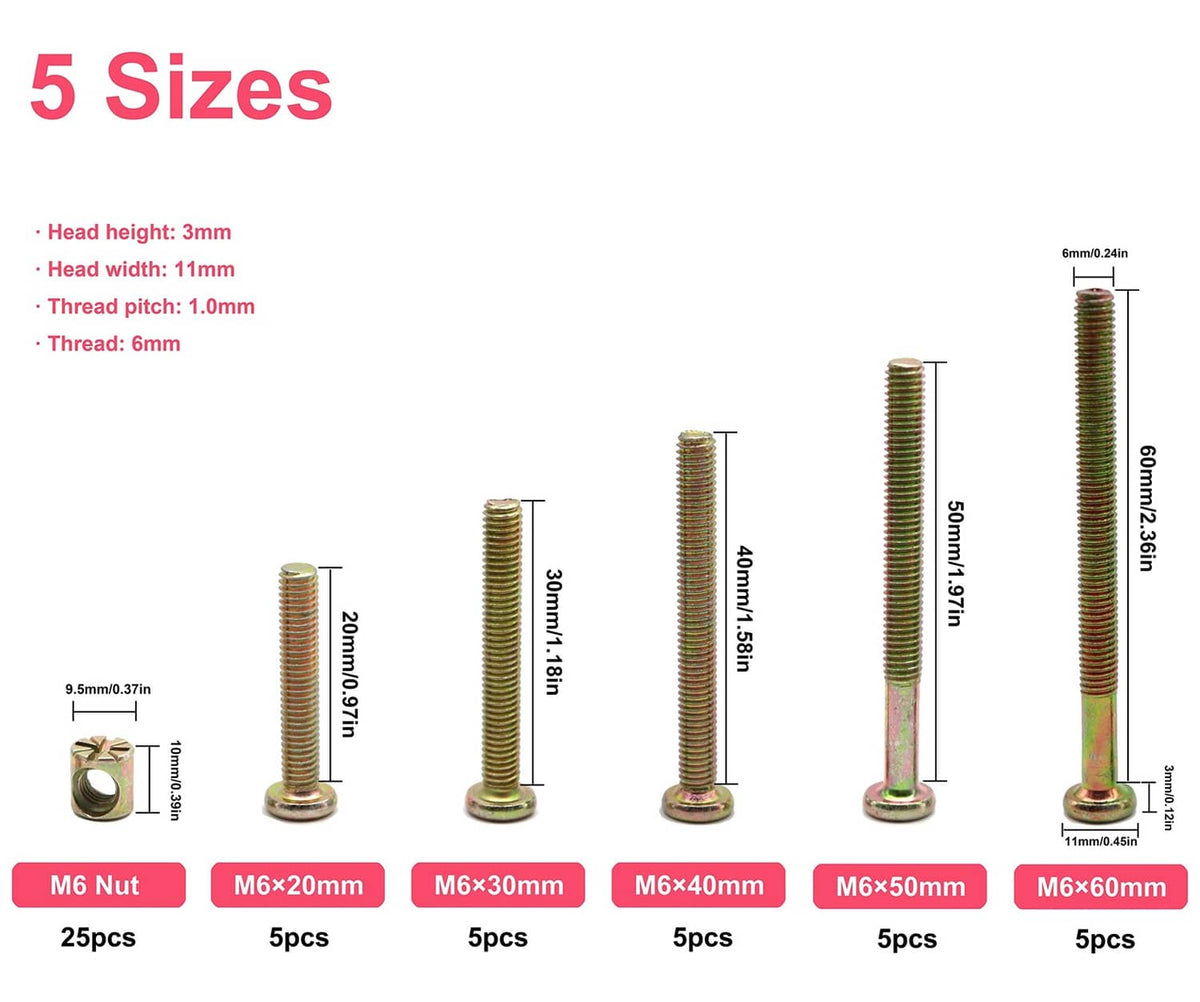 M6 bolt sizes chart with five lengths and thread measurements, nut included