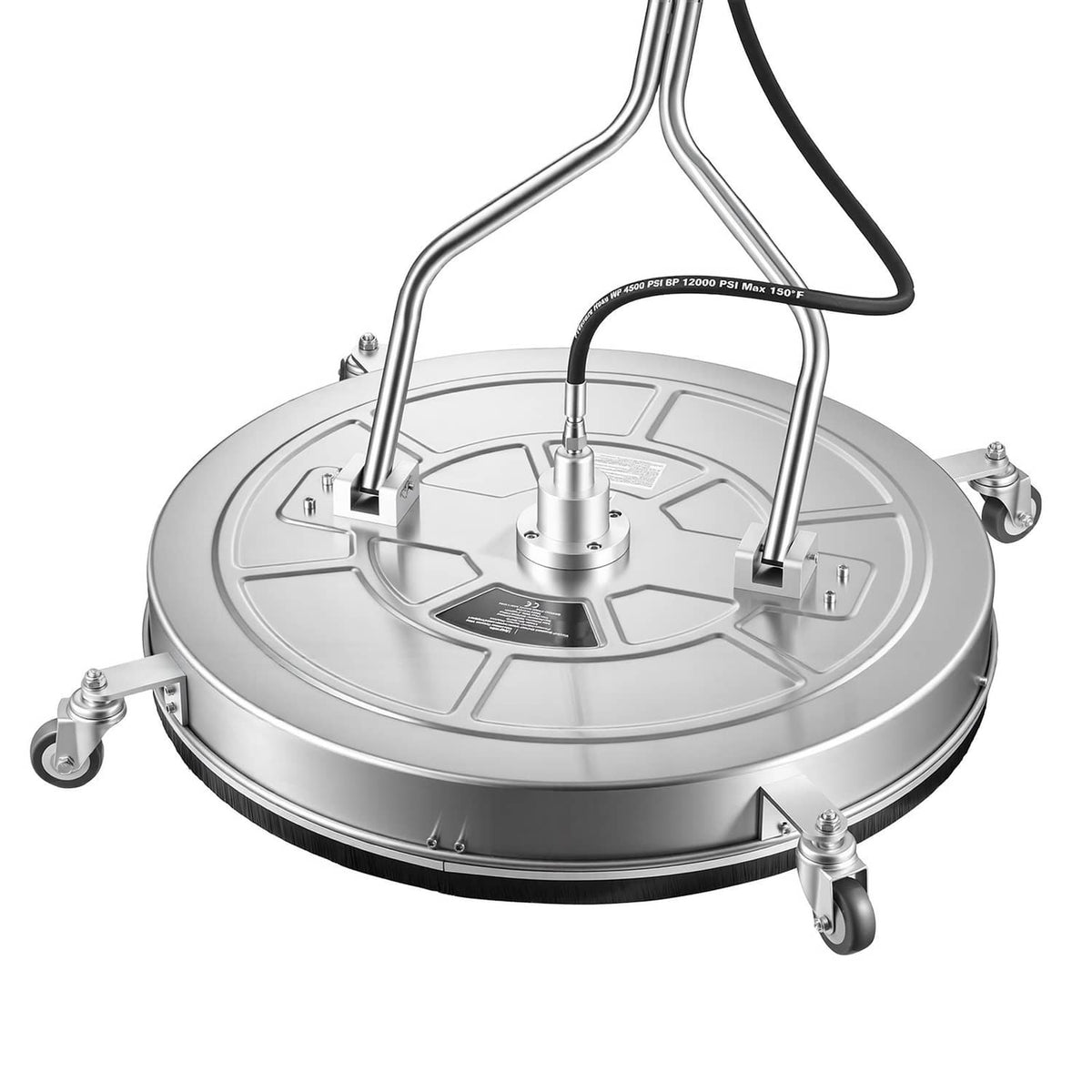 Pressure washer surface cleaner top view with spray nozzles and round gray housing