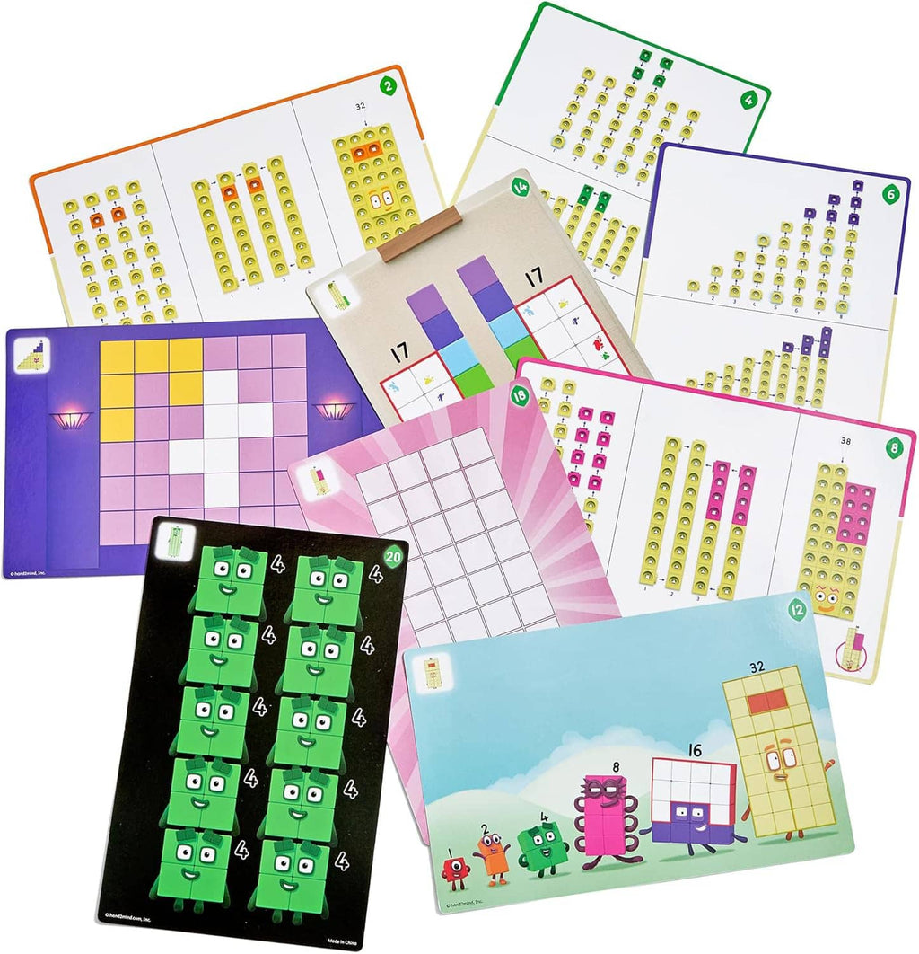 Numberblocks Mathlink activity cards and colored cube tiles for grid building