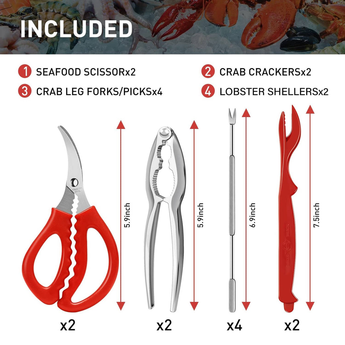 Seafood tool set assortment with red crab crackers, lobster shellers, and stainless picks