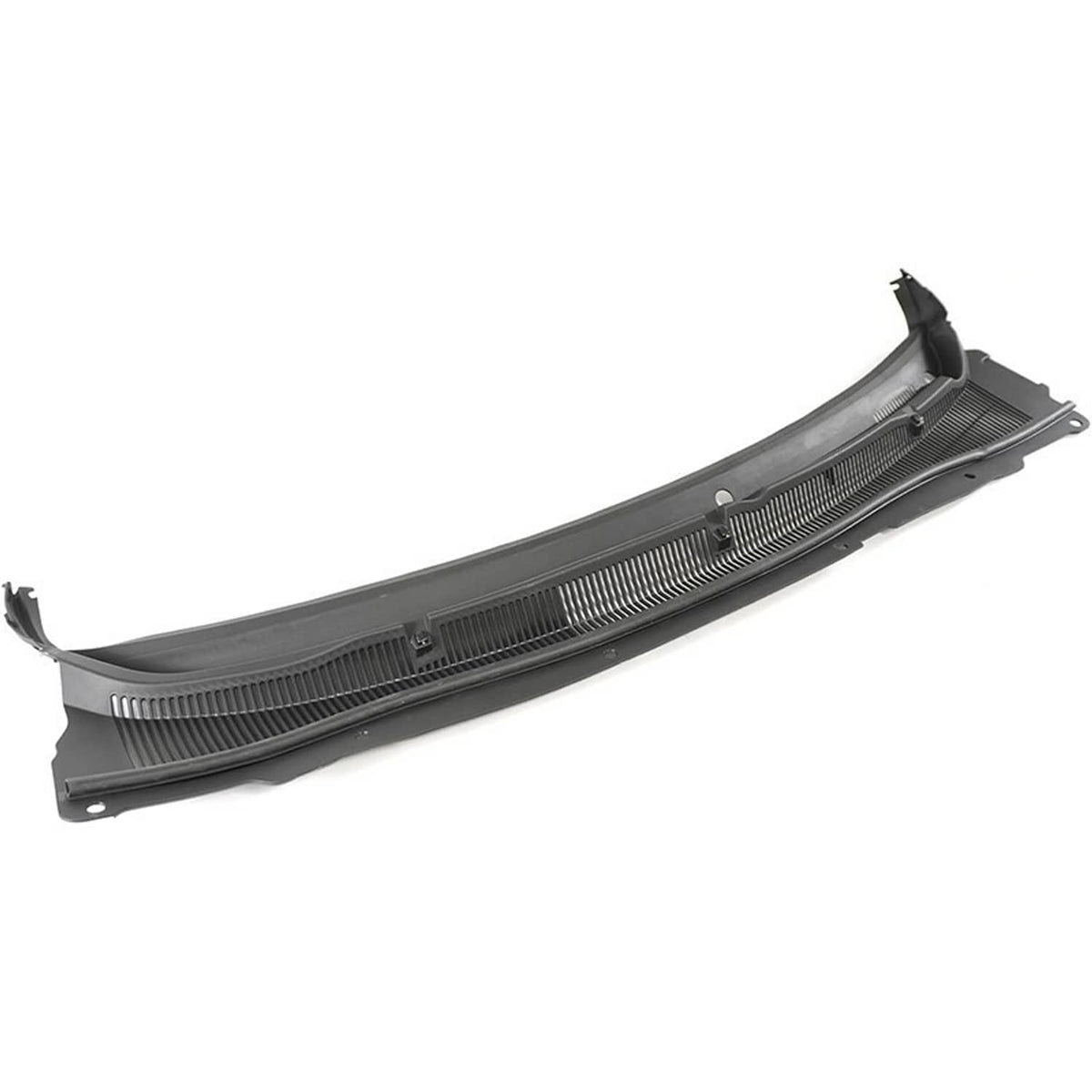 Angled view of black wiper cowl cover panel with vent grille and left/right mounting tabs