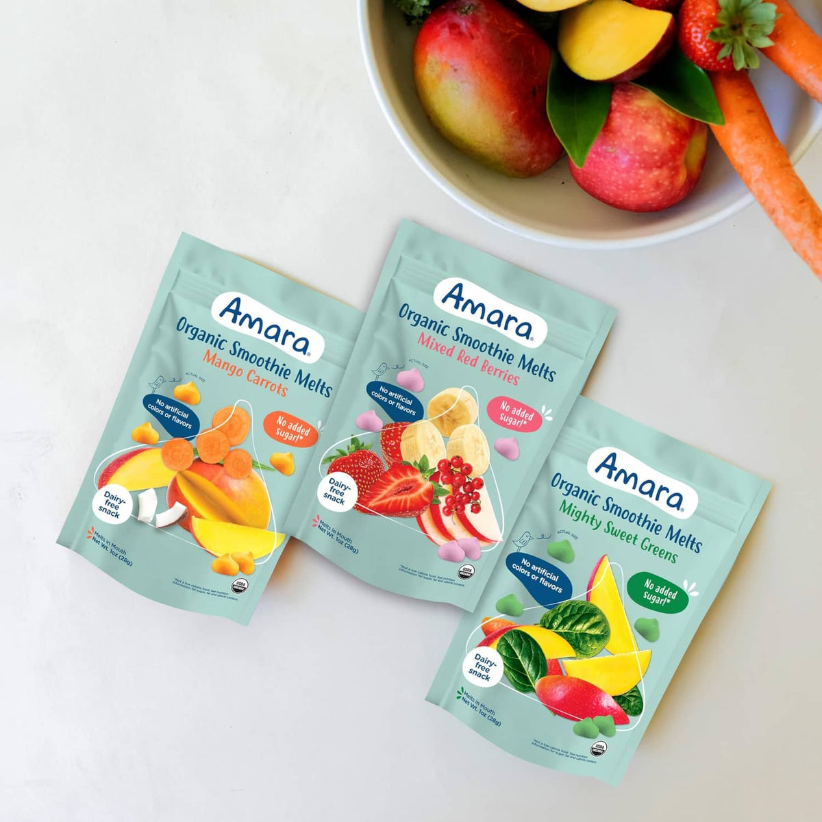 Amara organic smoothie melts variety pack: Mixed Red Berries, Mango Carrots, Mighty Sweet Greens pouches