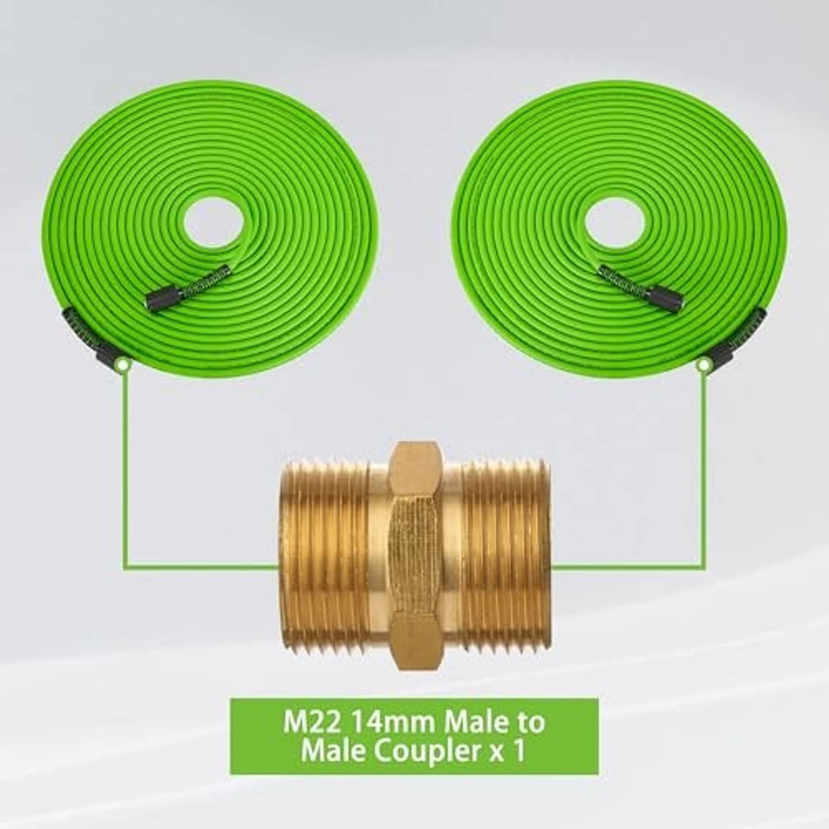 Green pressure washer hose coils with brass M22-14mm male-to-male coupler