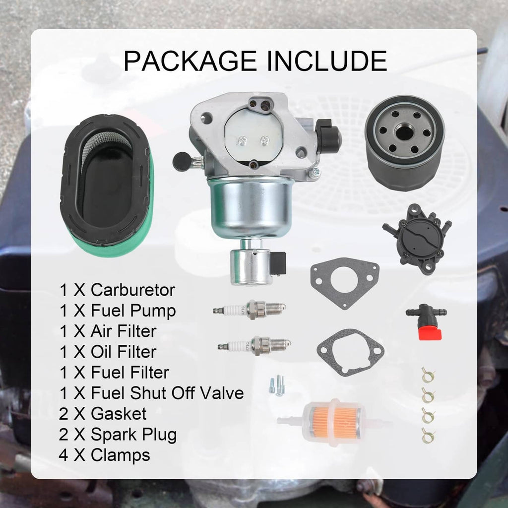 Carburetor replacement kit contents: carburetor, air filter, fuel shutoff valve, gaskets, clamps