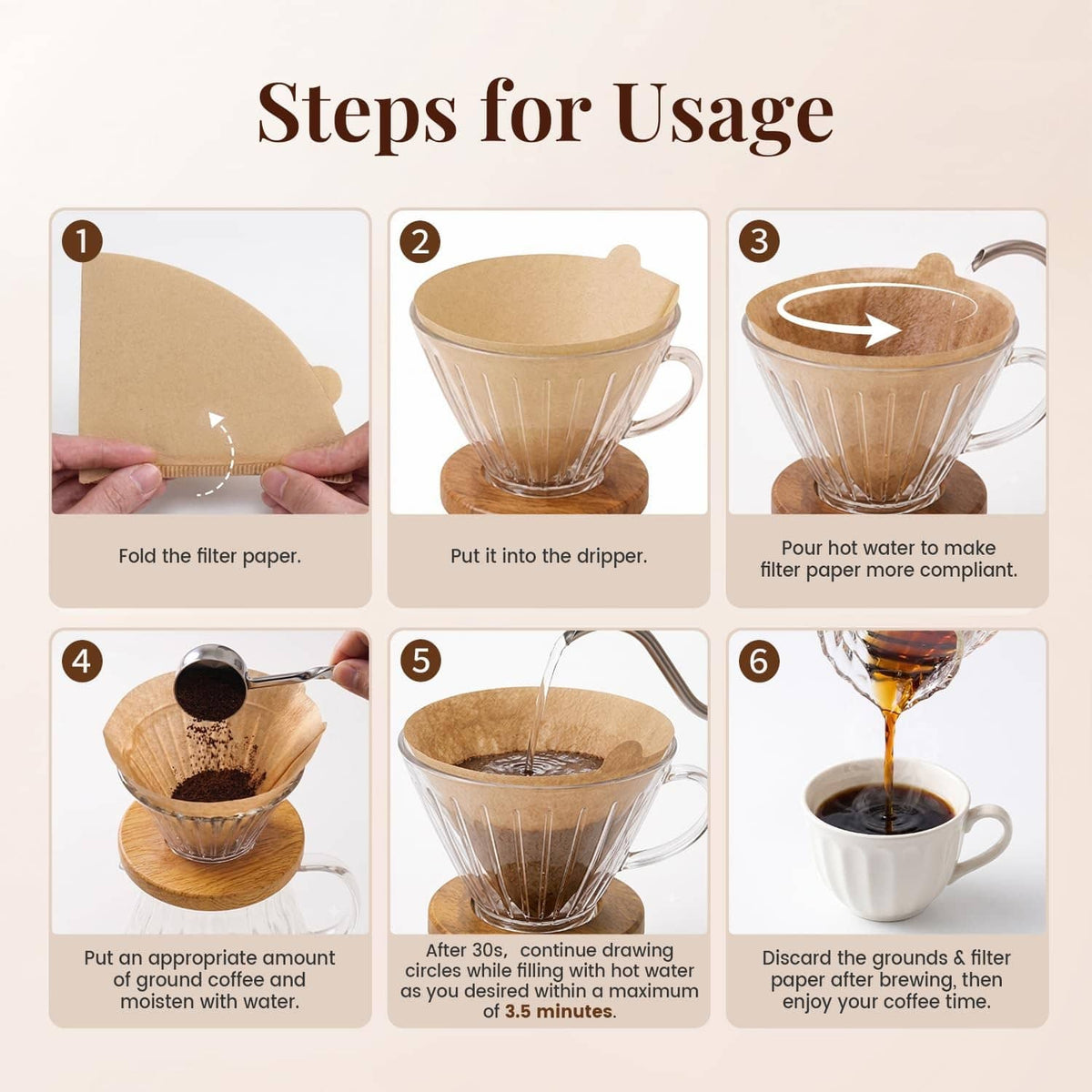 Cone coffee filter papers #02 in a dripper during brewing steps