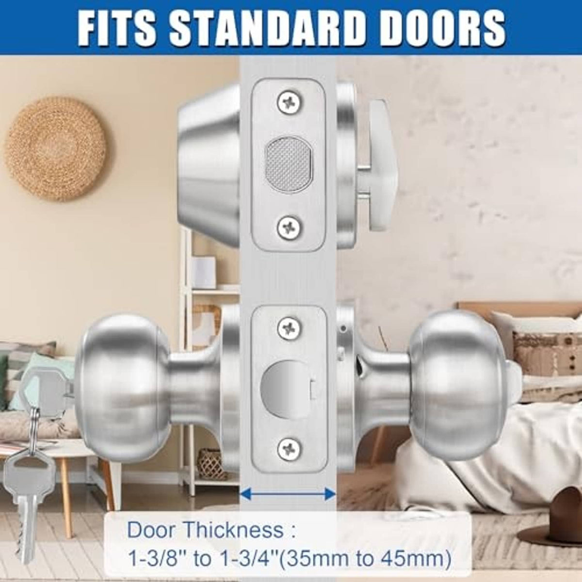 Satin nickel door knob and deadbolt set labeled for standard door thickness range