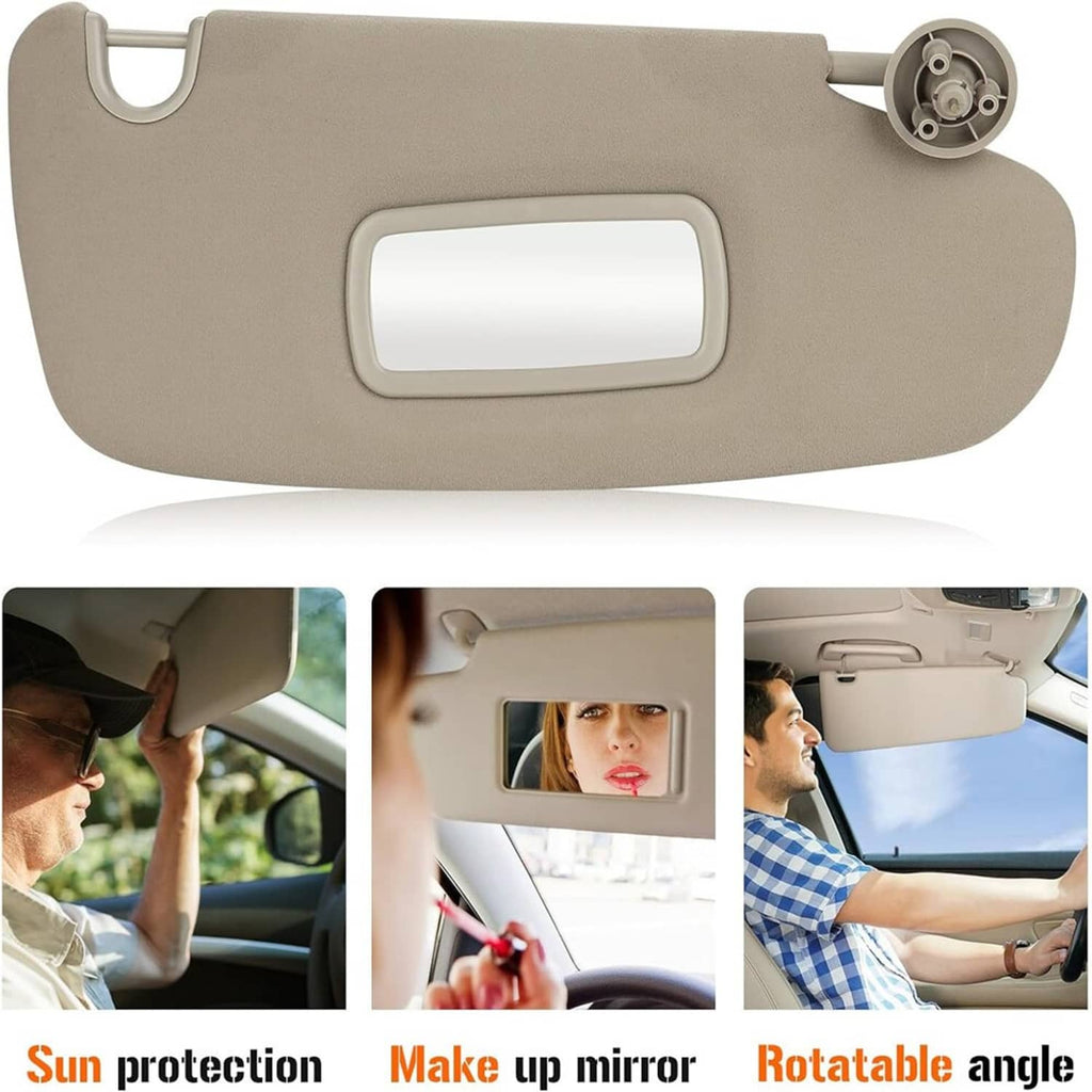 Beige sun visor with rectangular vanity mirror opening and adjustable telescopic arm