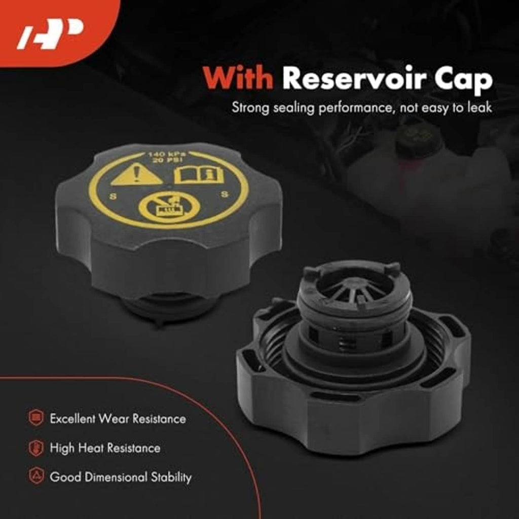 Reservoir cap and top housing, black cap with yellow warning icon