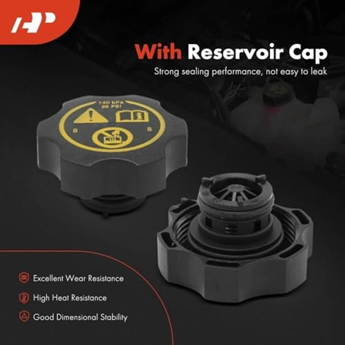 Reservoir cap and top housing, black cap with yellow warning icon