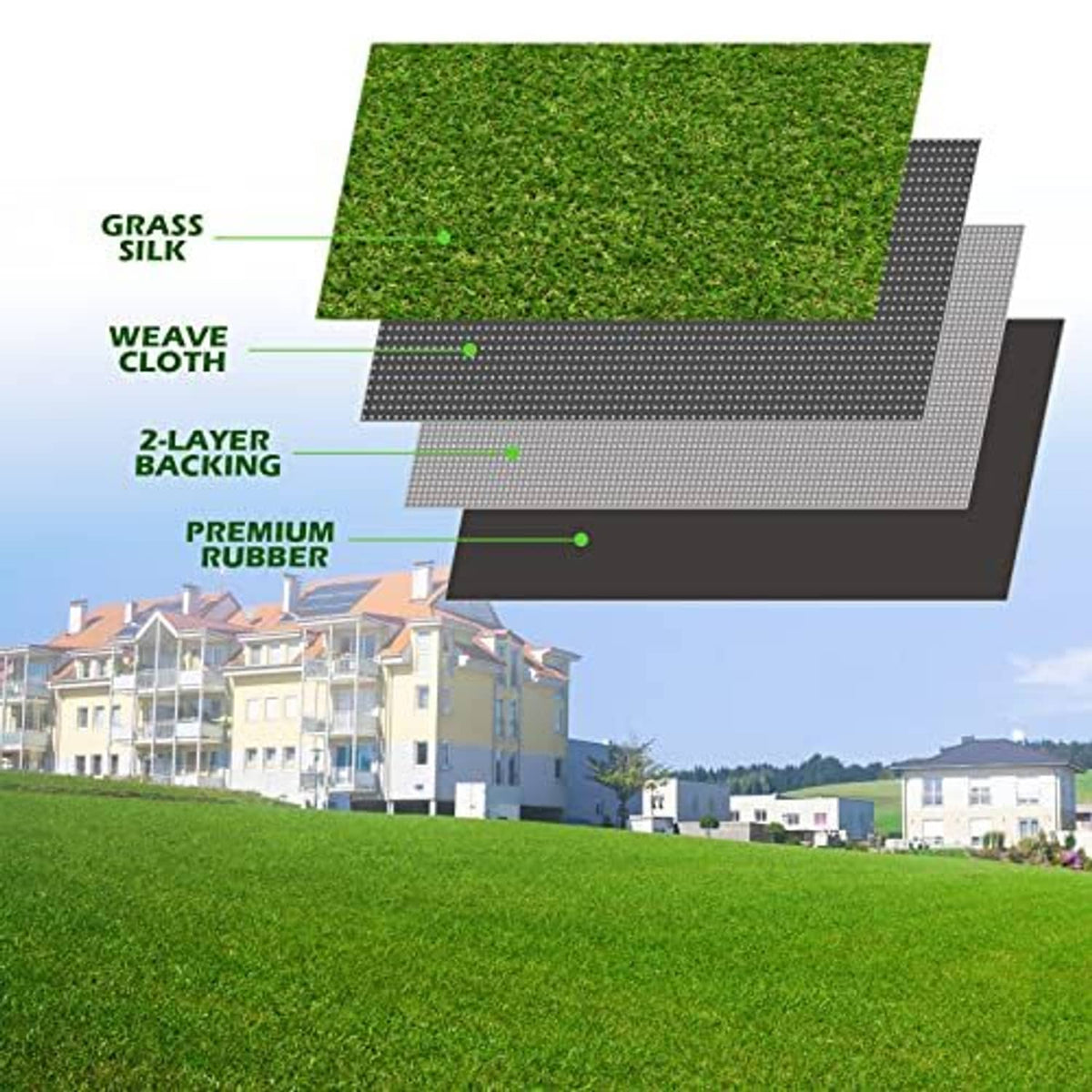 Artificial grass turf cross-section, layered weave and rubber backing