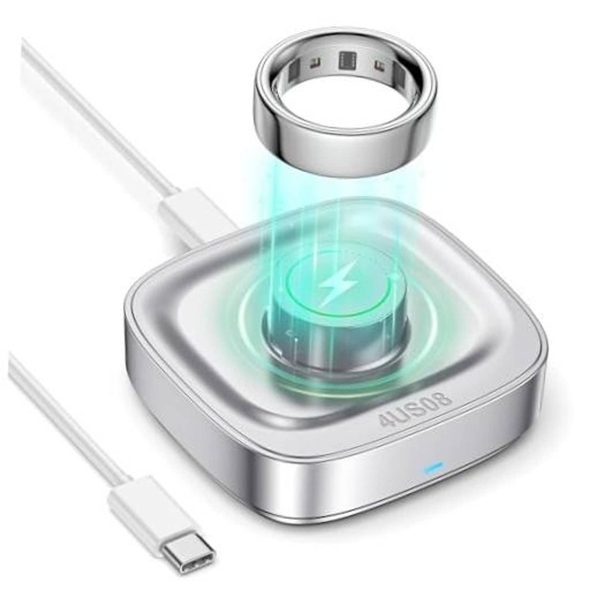 Silver portable ring charger base with lit power indicator and attached charging cable