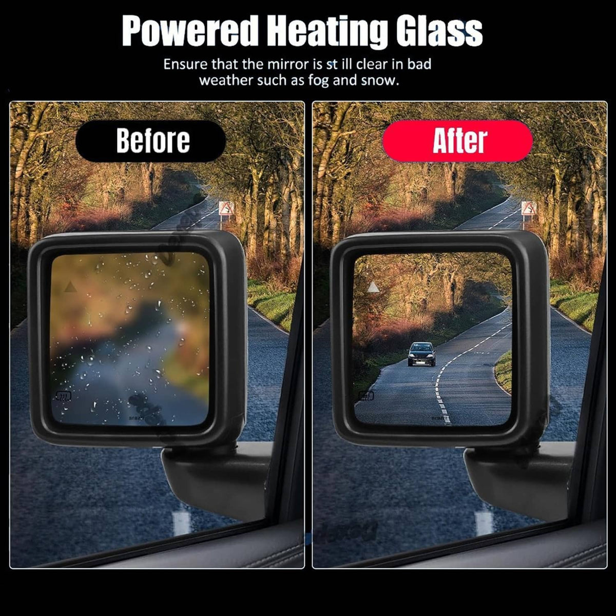 Blind spot mirrors with heated glass, before-and-after visibility panels