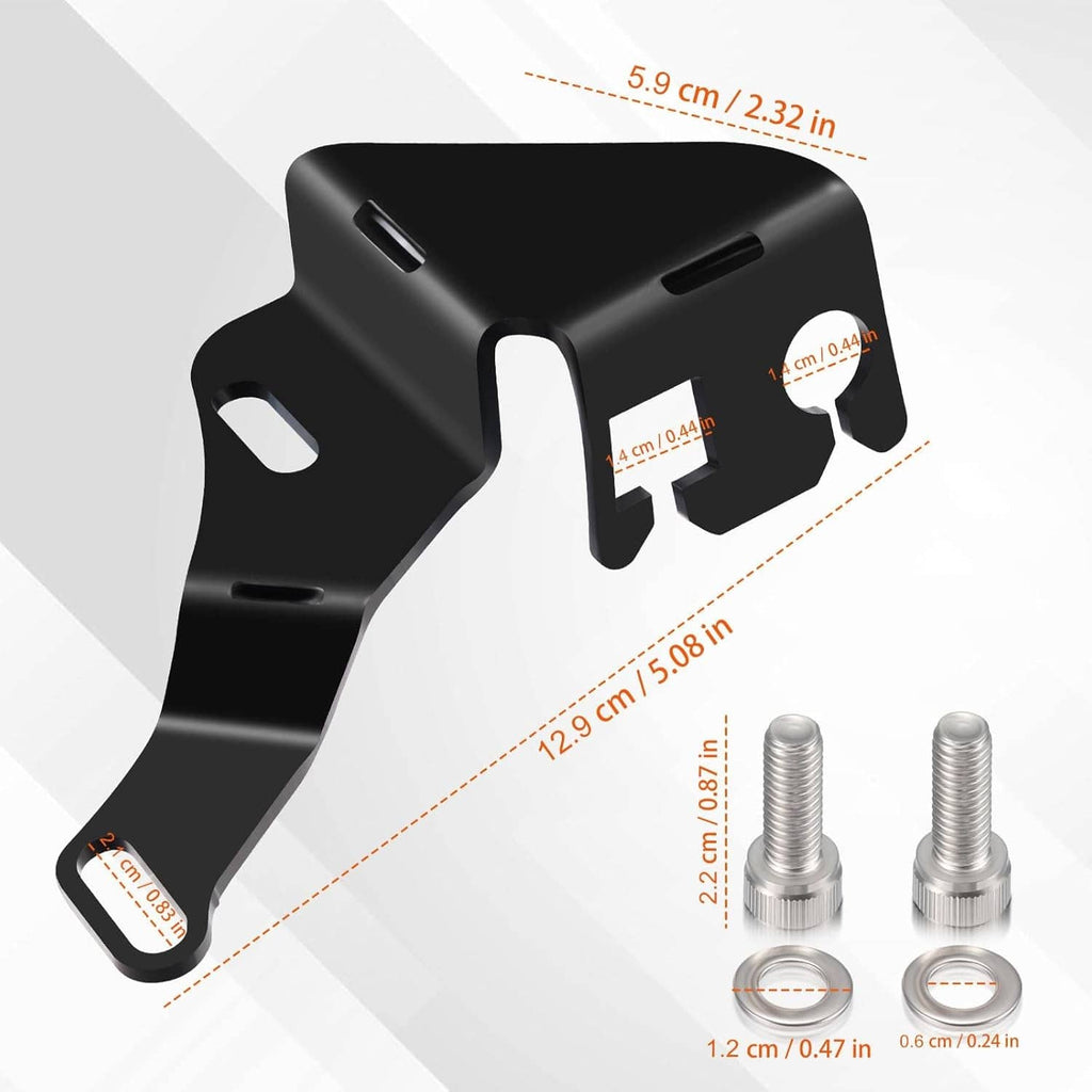 Black throttle cable bracket kit with size dimensions shown; includes two mounting bolts.