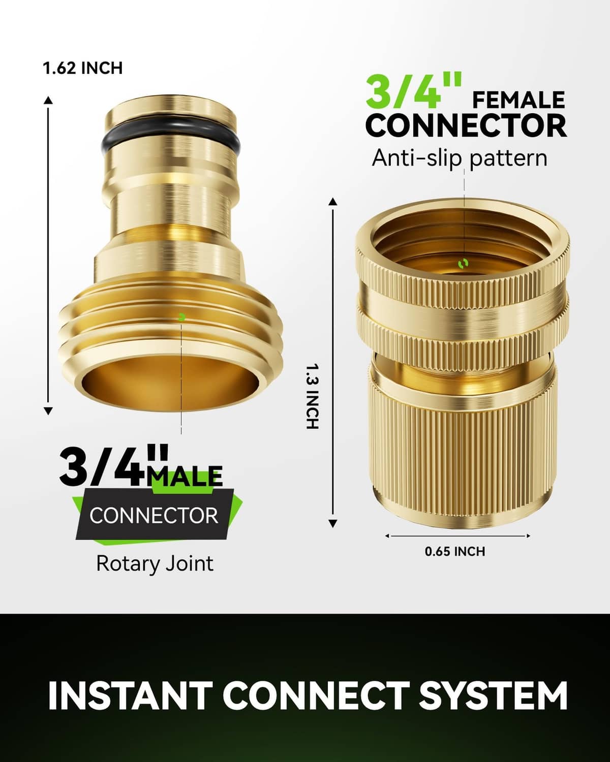 Brass 3/4 inch male and female quick-connect hose connector with anti-slip grip