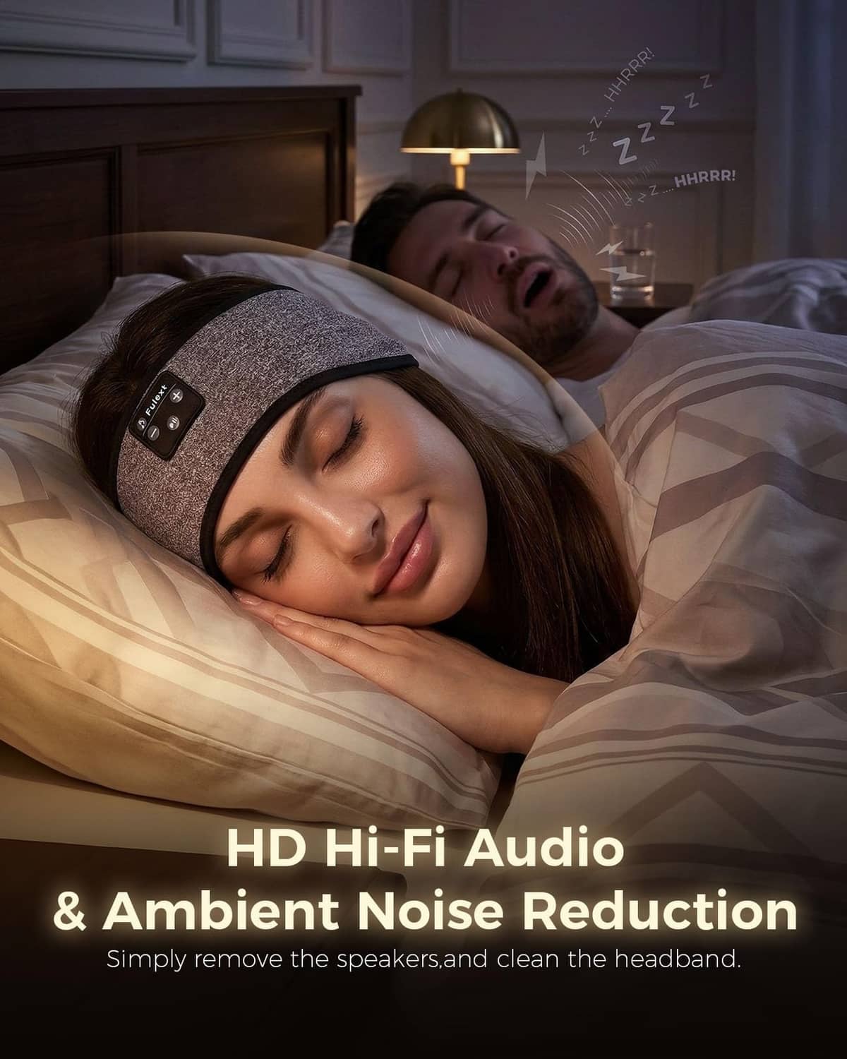Fulext sleep headphone headband worn in bed; dark heather with black control panel