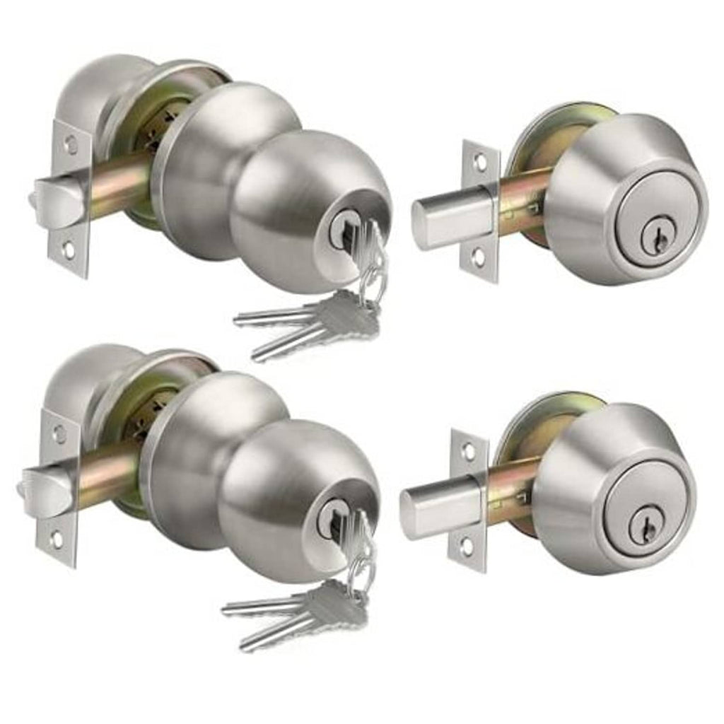 Satin nickel keyed-alike door knob and deadbolt lockset with keys