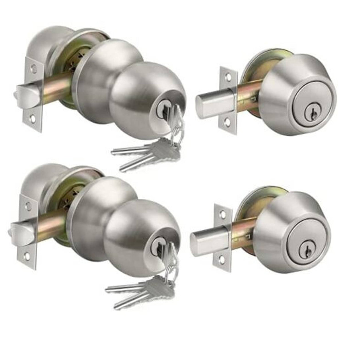 Satin nickel keyed-alike door knob and deadbolt lockset with keys