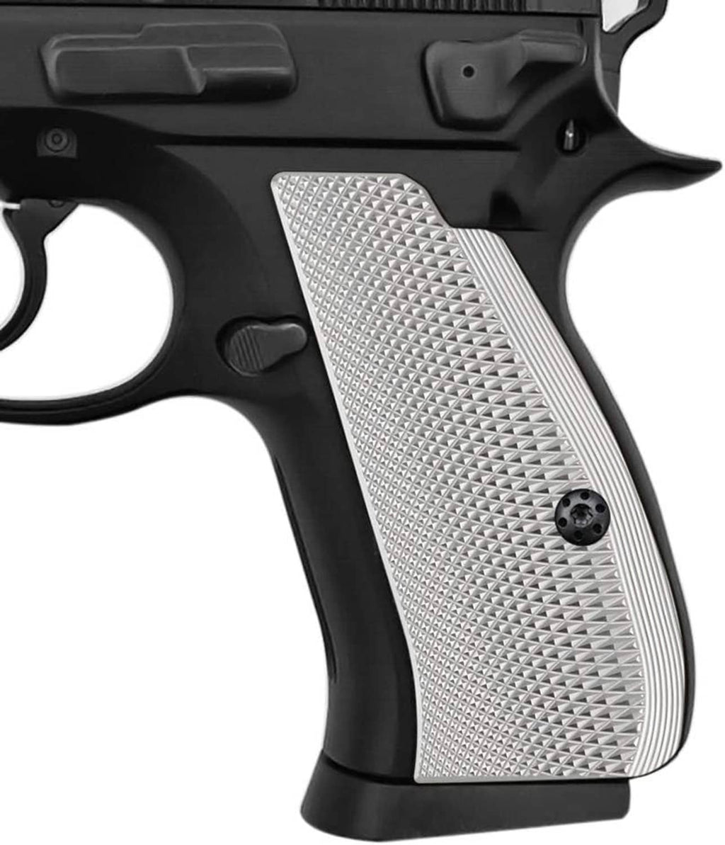 Aluminum pistol grip panel with diamond checkered texture, silver finish and screw hole