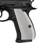 Aluminum pistol grip panel with diamond checkered texture, silver finish and screw hole