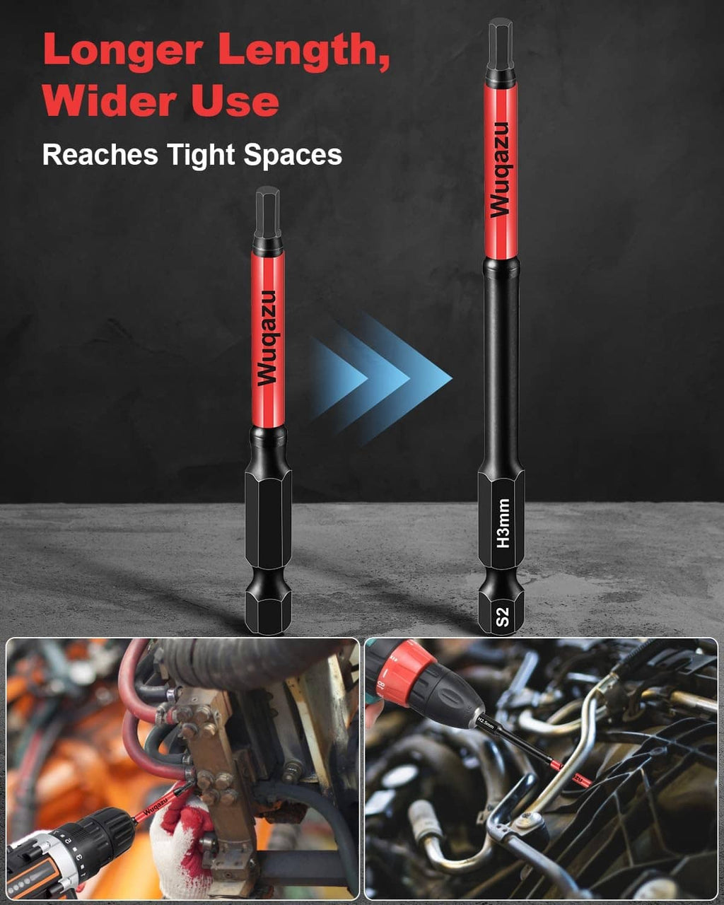 Long and short impact Allen hex bits, black shanks with red and size markings