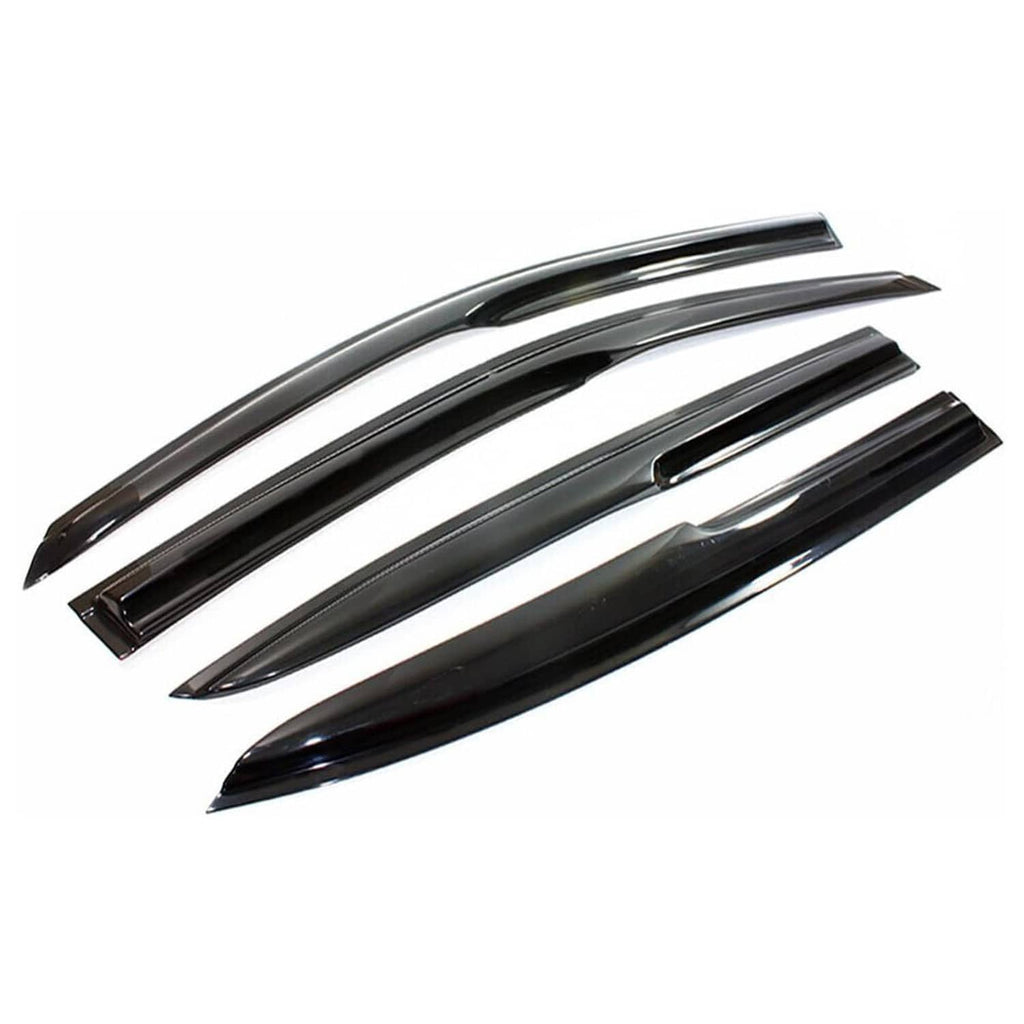 Three-piece dark tinted window visor rain guards with glossy black edges