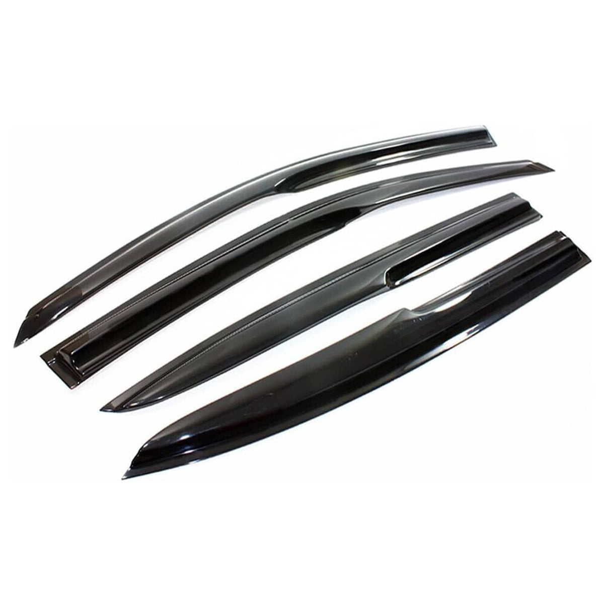 Three-piece dark tinted window visor rain guards with glossy black edges
