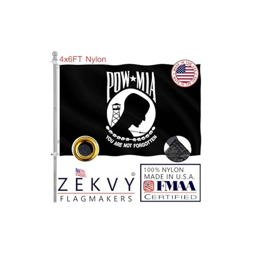 Black POW-MIA double-sided flag with brass grommets and circular emblem on a pole