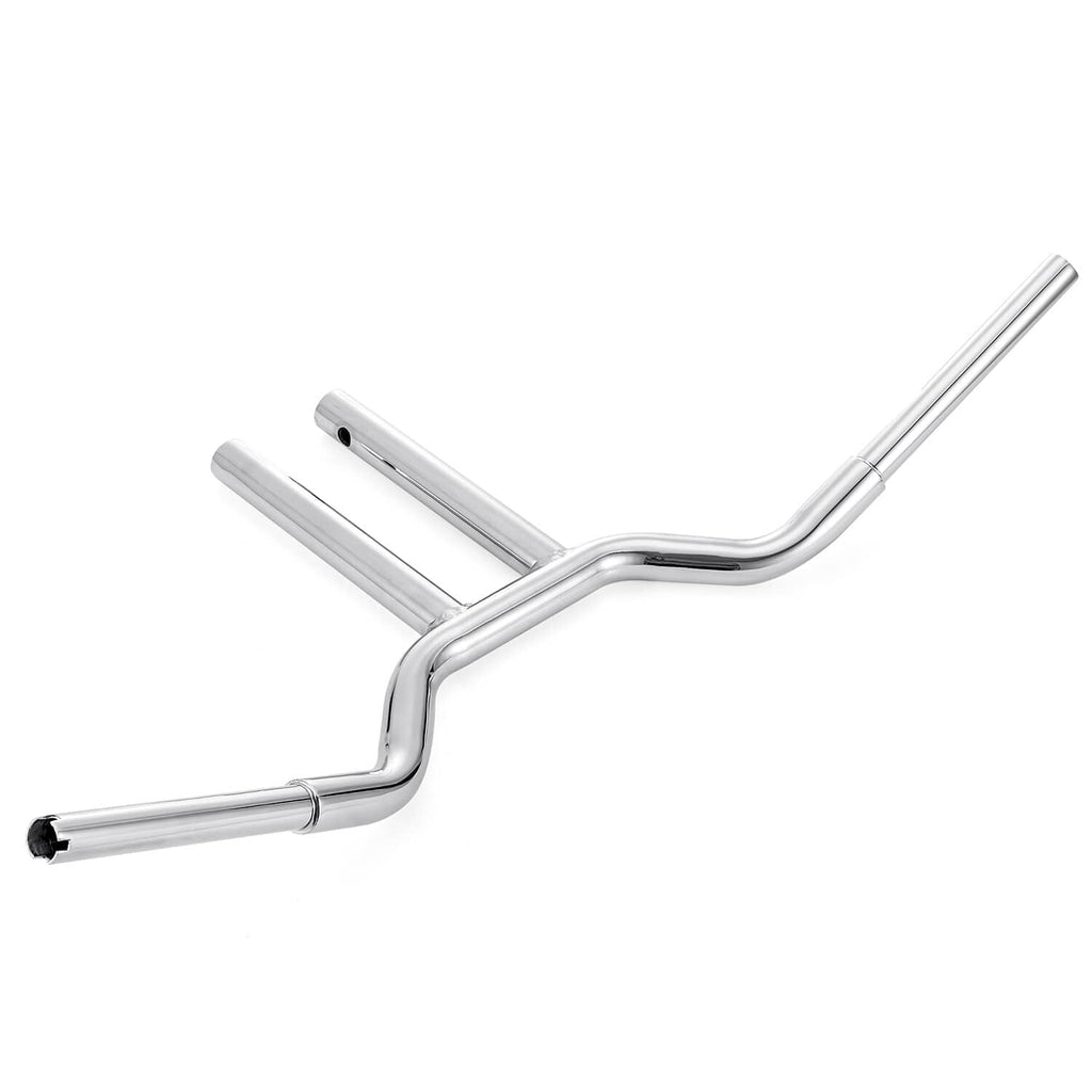 Chrome motorcycle handlebar with long angled grips and central mounting risers