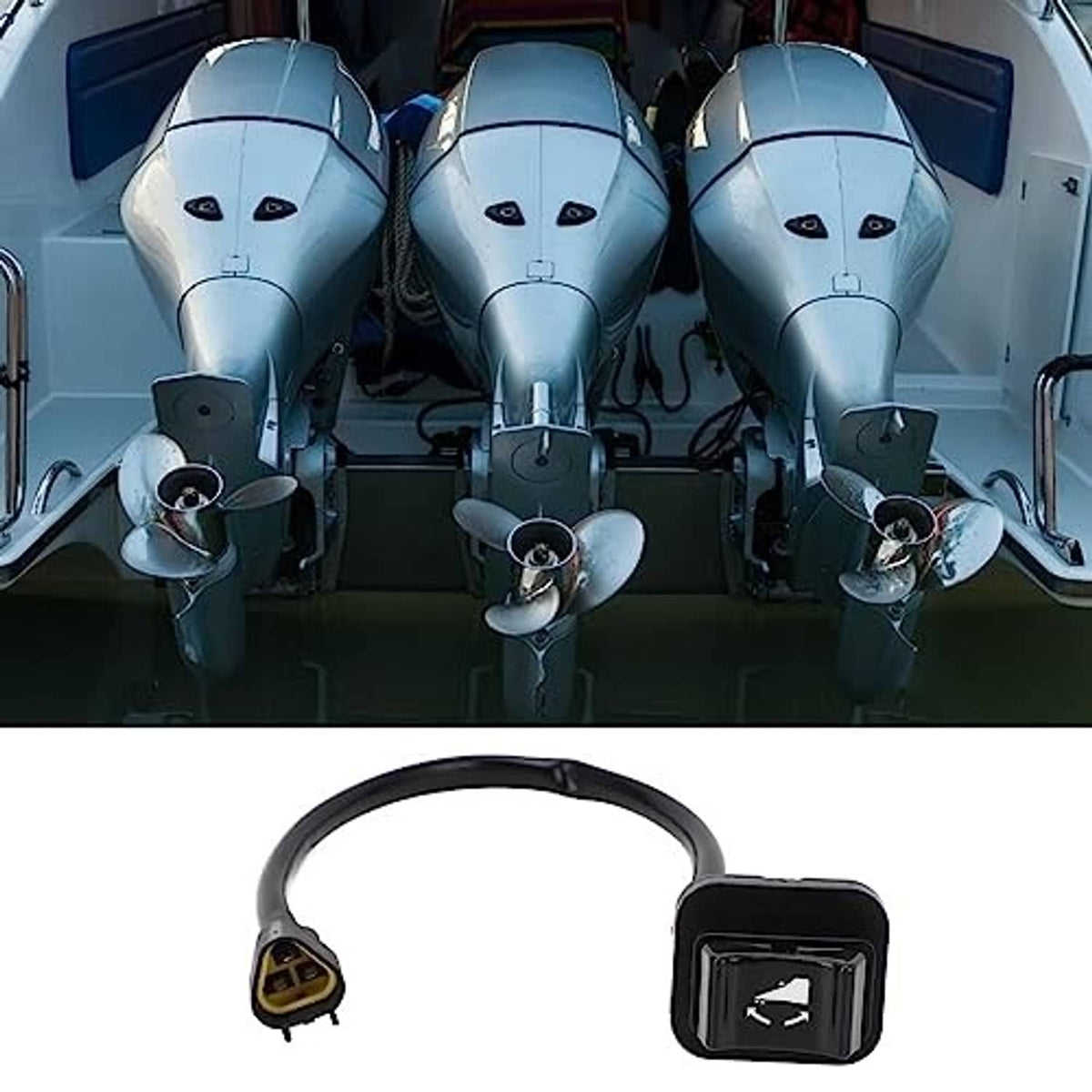 Inboard boat panel area with three outboard engines and visible trim tilt switch wiring