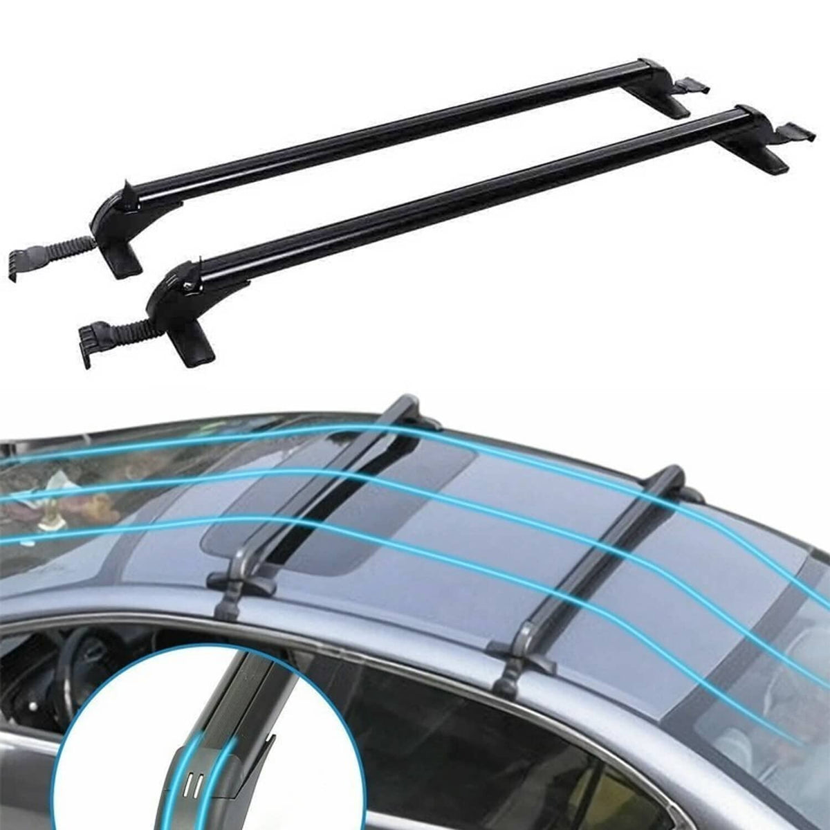 Black roof rack cross bars installed on car roof with mounting feet