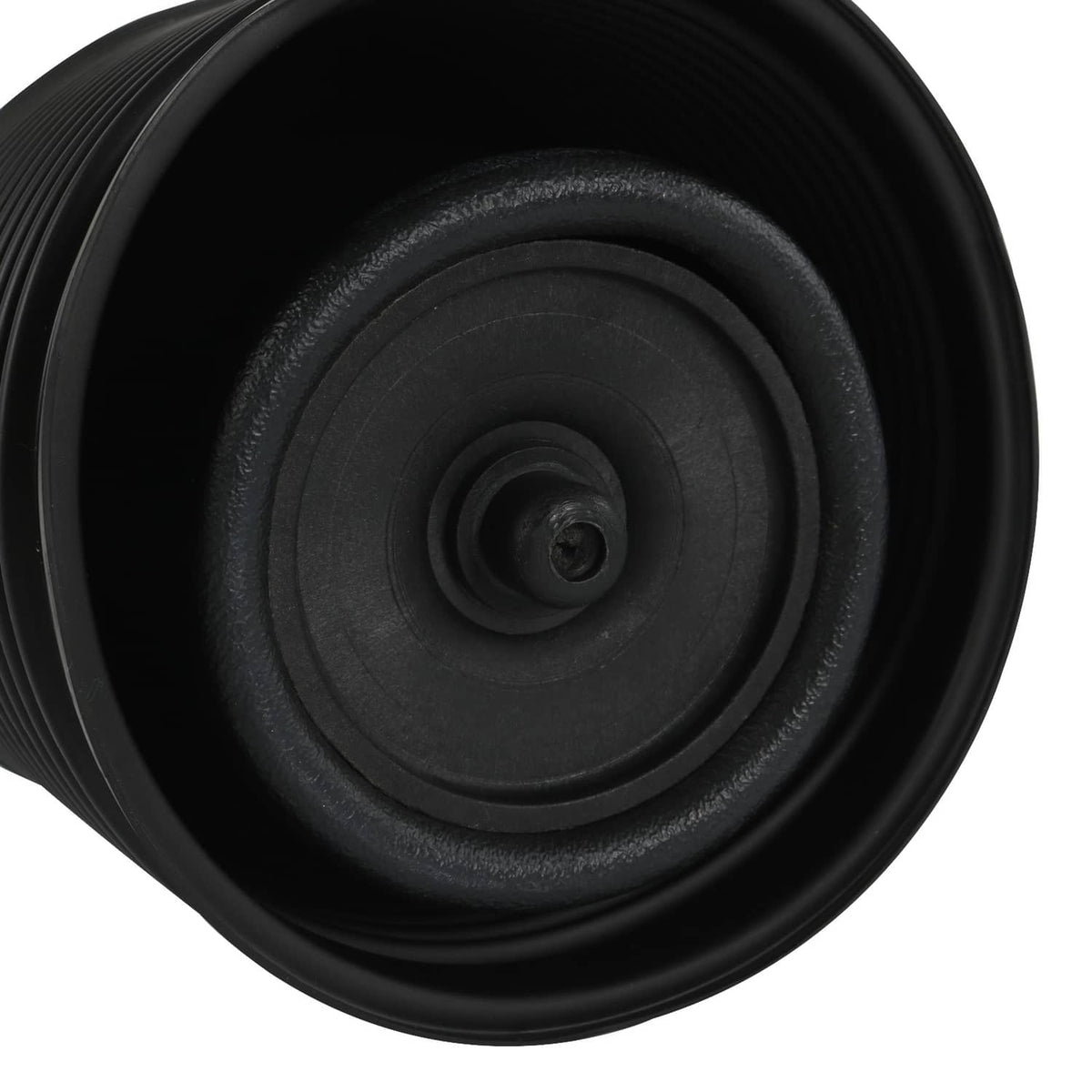 Black ribbed air spring bag end view with central valve diaphragm