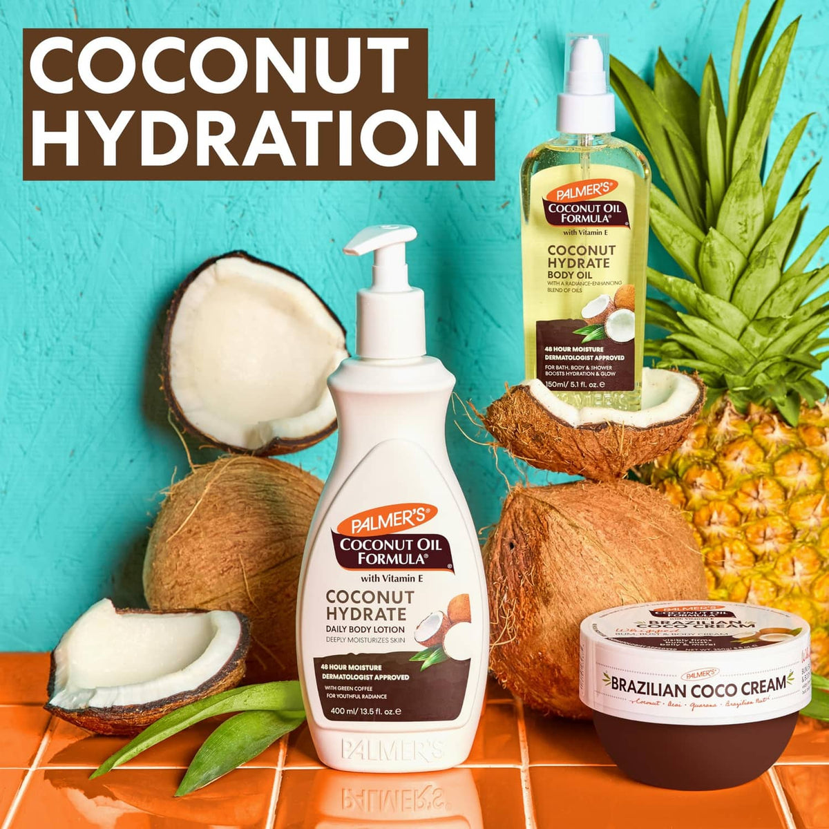 Coconut hydration set with Palmer's lotion bottle, body cream tub, and coconut pieces