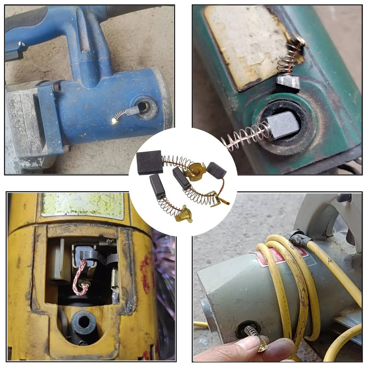 Electric motor carbon brushes in use, black blocks with brass terminals in housing