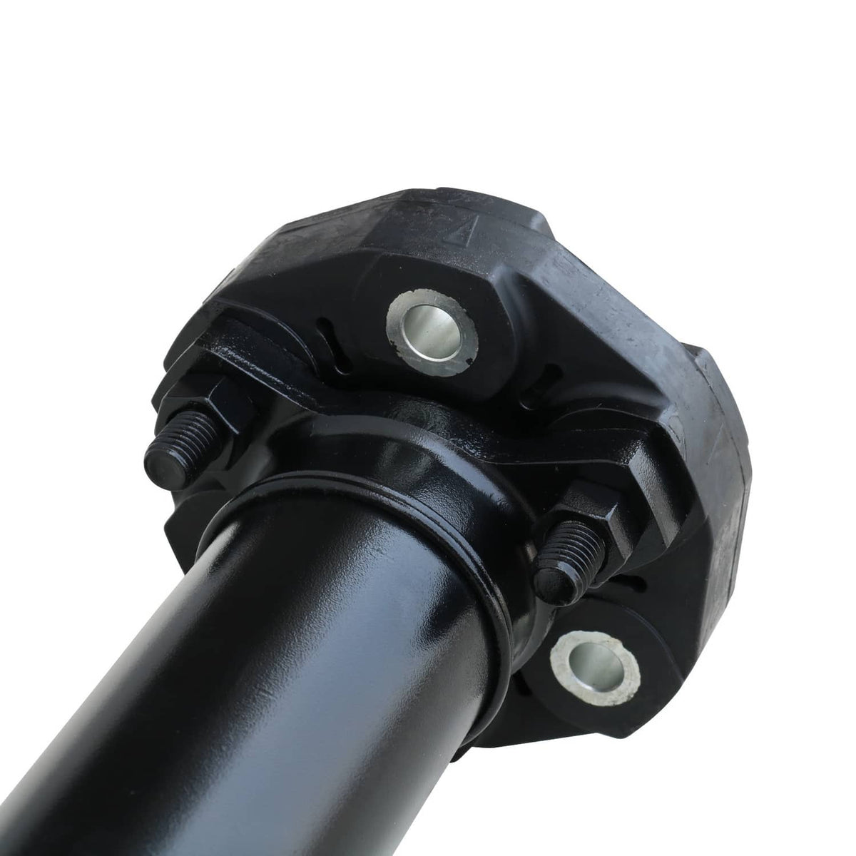 Rear drive shaft yoke joint with black metal housing and mounting bolt holes