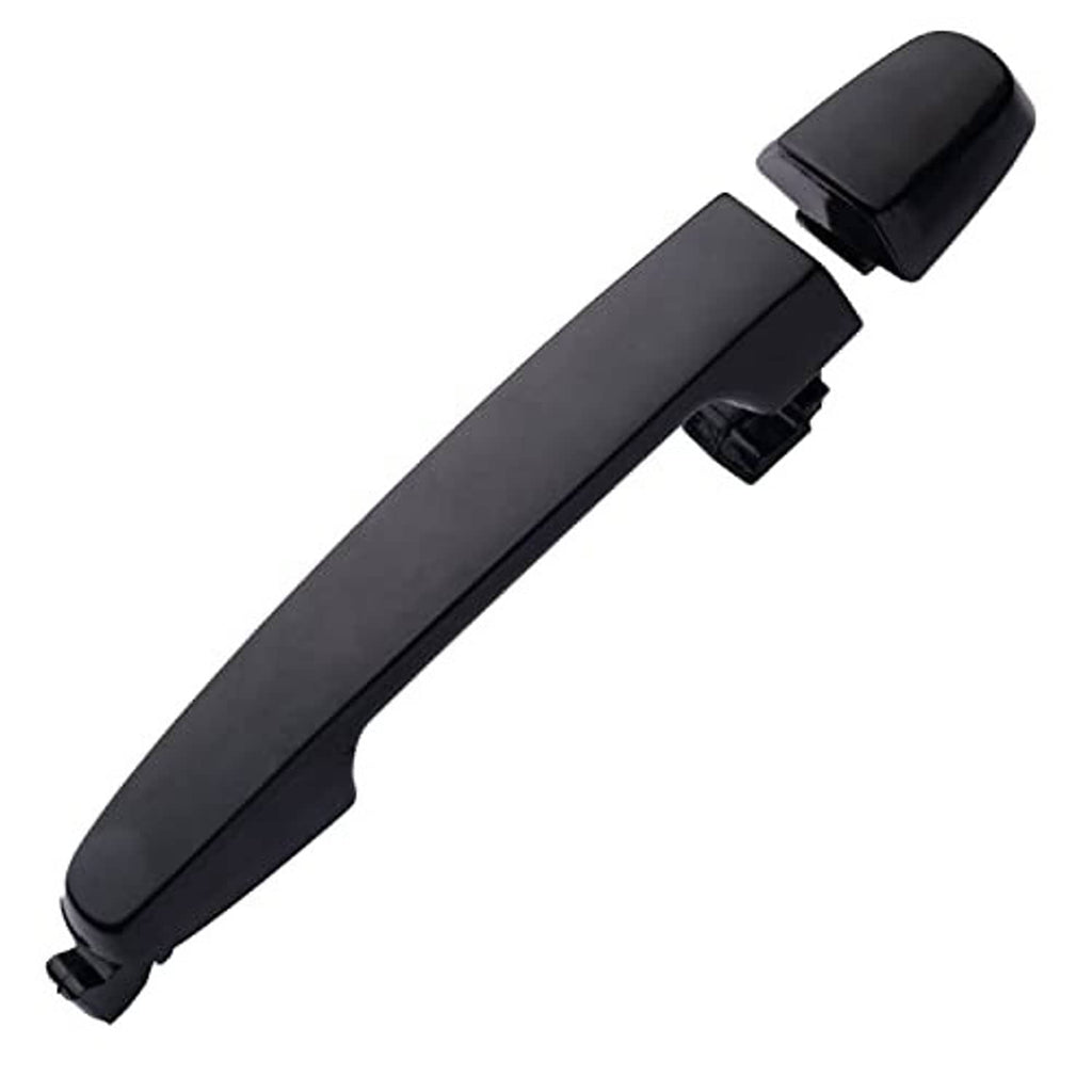 Rear exterior door handle, dark gray/black plastic bar with rectangular latch opening