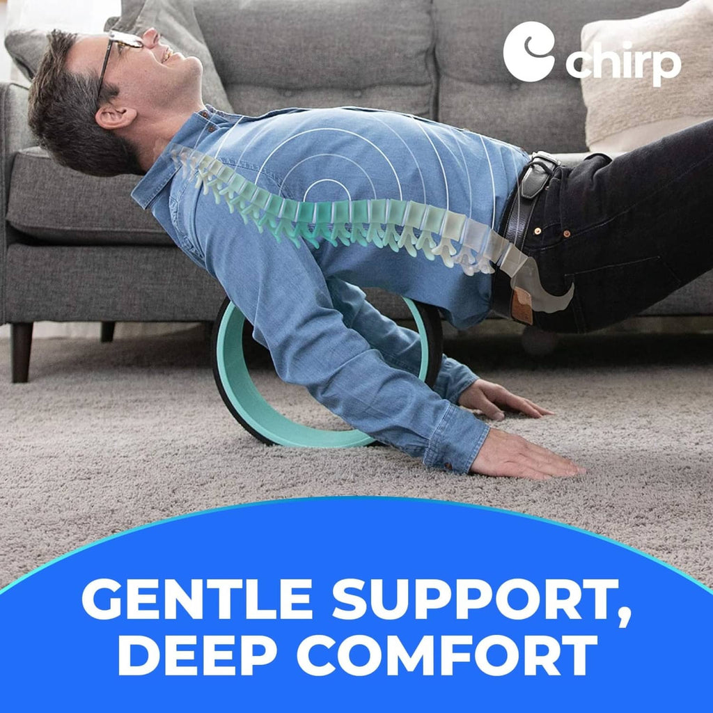 Mint and black foam roller back stretcher under the upper back during stretching