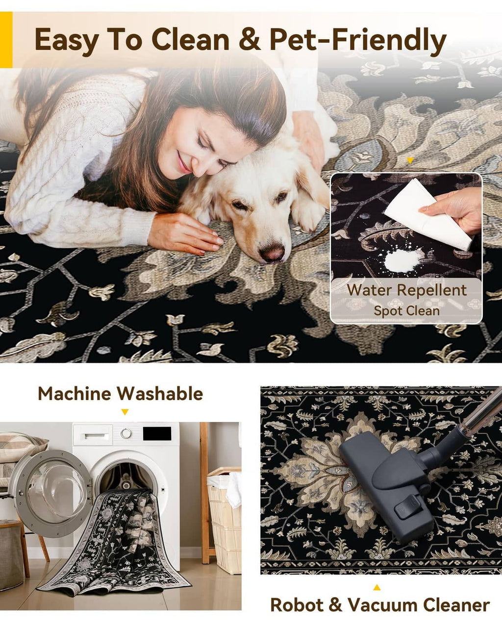 Washable area rug with black base and beige ornate pattern; pet-friendly style layout