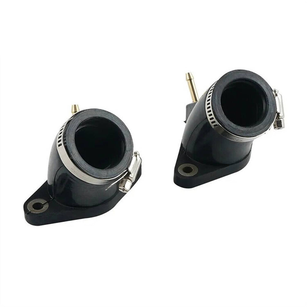 Pair of black carburetor intake manifolds with hose clamps and brass fittings