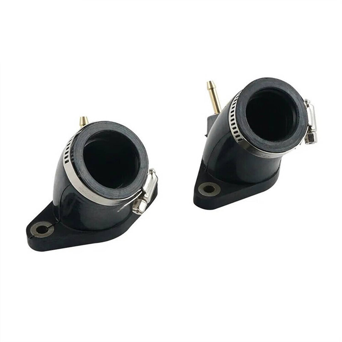 Pair of black carburetor intake manifolds with hose clamps and brass fittings